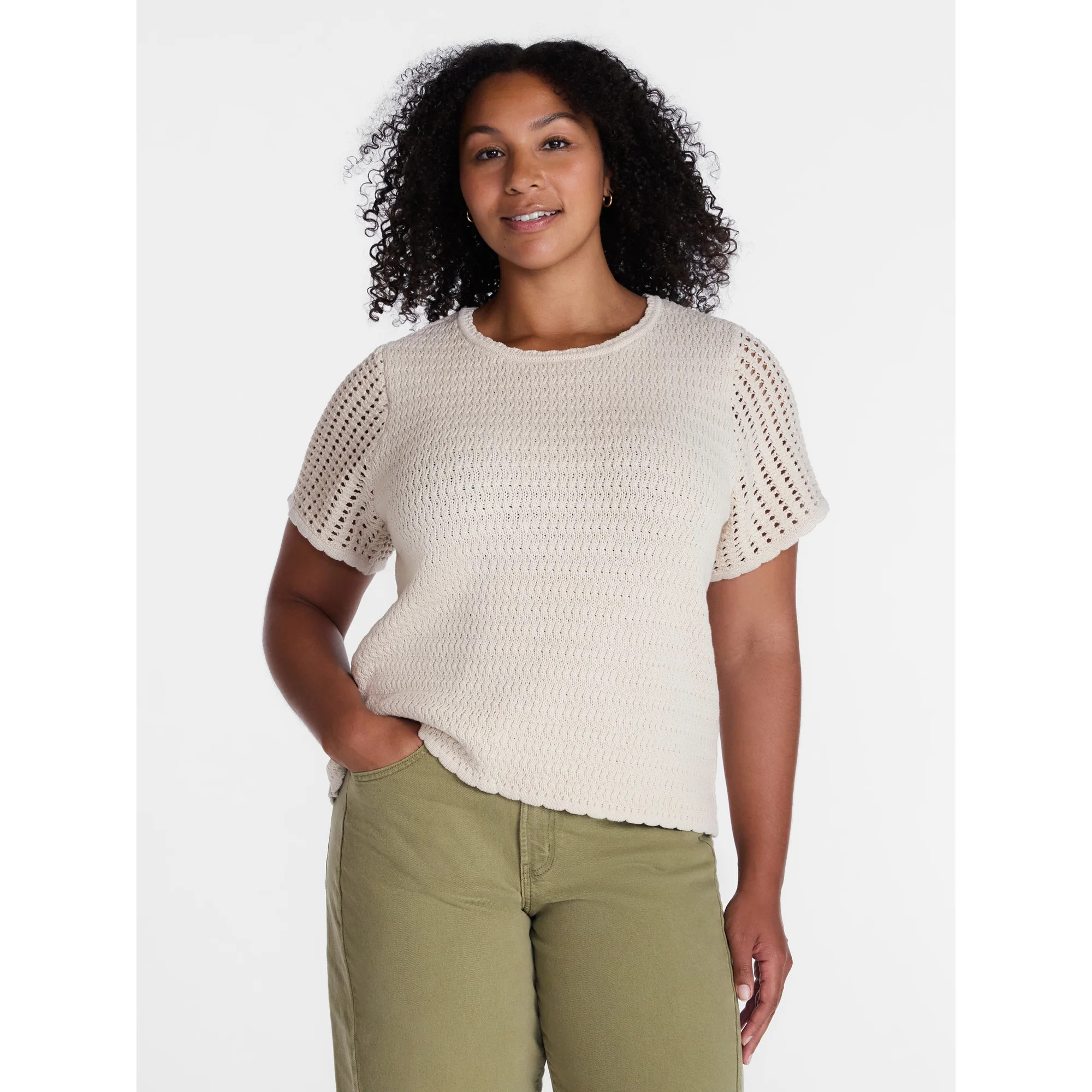 Time and Tru Women's Textured Crewneck Sweater with Short Sleeves, Lightweight, Sizes XS-XXXL | Walmart (US)