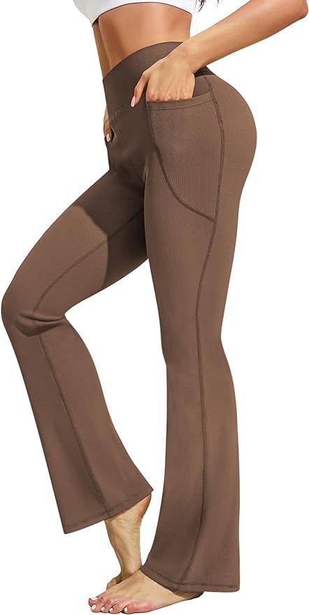 PINSPARK Womens Flare Yoga Pants Ribbed Bootcut Leggings High Waisted Flares Bottom Workouts Pant... | Amazon (US)