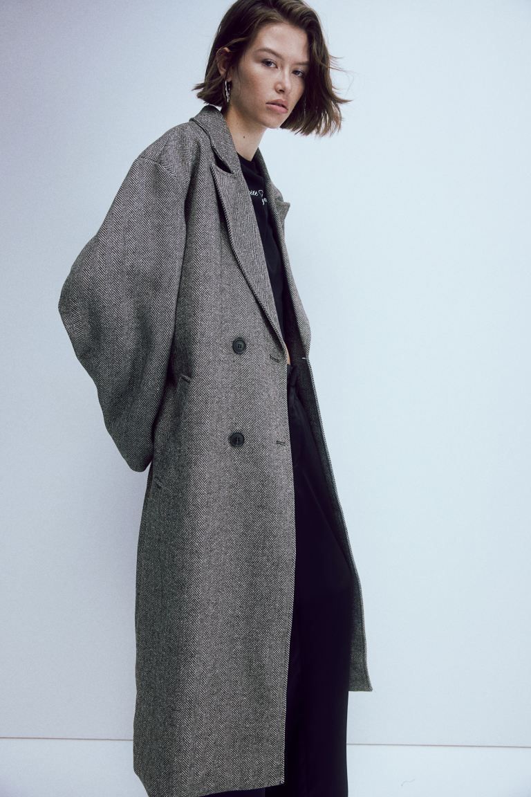 Double-breasted coat - Dark grey/Herringbone-patterned - Ladies | H&M GB | H&M (UK, MY, IN, SG, PH, TW, HK)