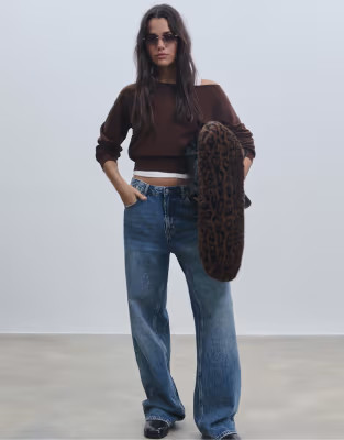 Stradivarius Boat neck knit sweater in brown | ASOS (Global)