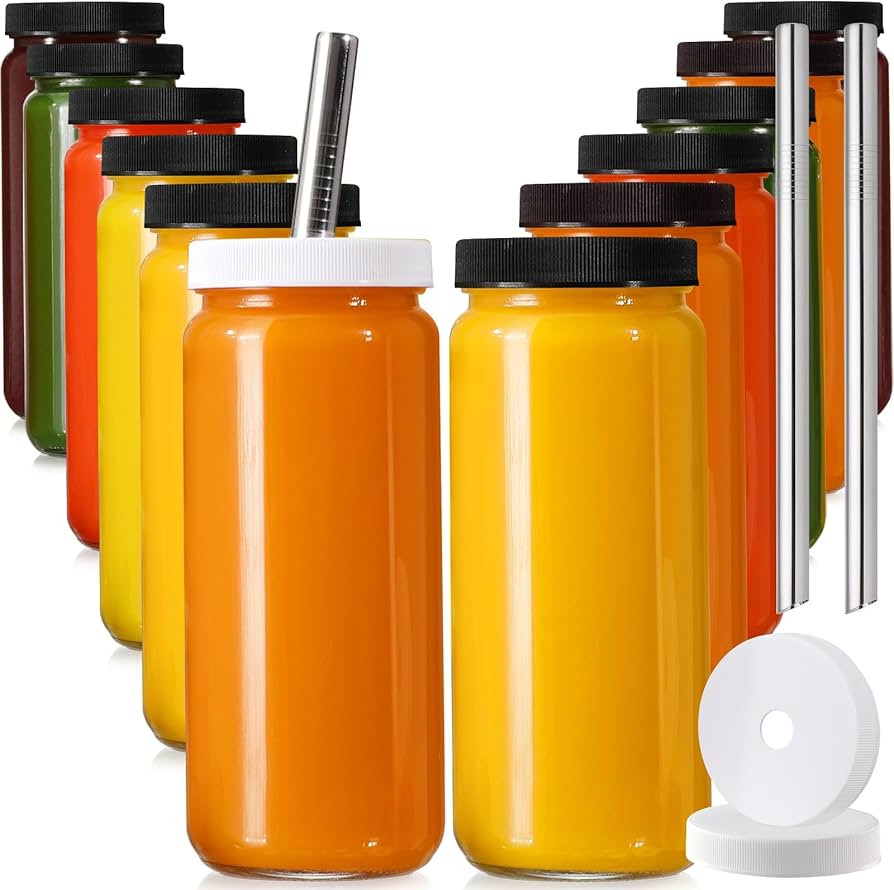 12 PACK, 16 OZ Glass Juice Bottles with Airtight Lids, Bonus 2 Straws & Perforated Lids, Reusable... | Amazon (US)