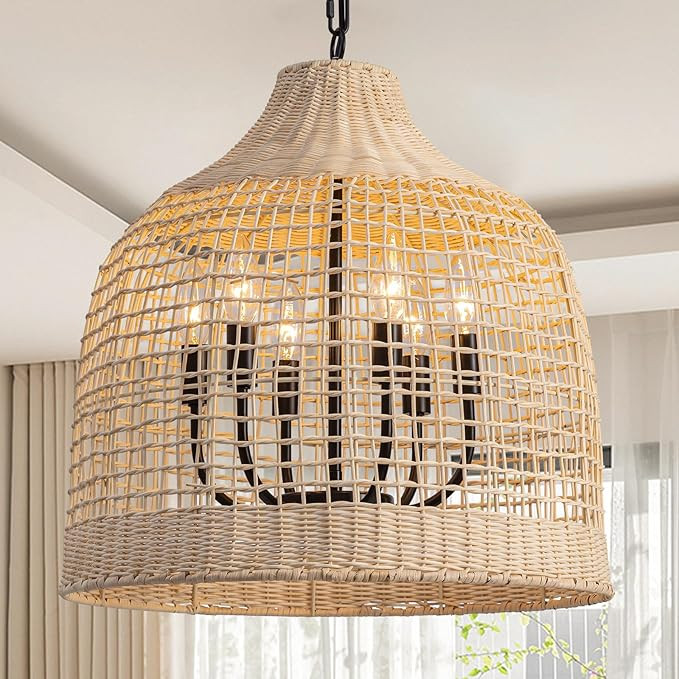 6-Lights Rattan Chandelier, Hand Woven Bamboo Pendant Light Fixture Ceiling Hanging, Boho Wicker ... | Amazon (US)