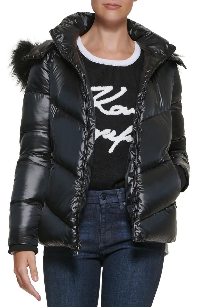 Aprés Ski Chevron Water Resistant Down & Polyester Fill Puffer Jacket with Removable Faux Fur Tr... | Nordstrom