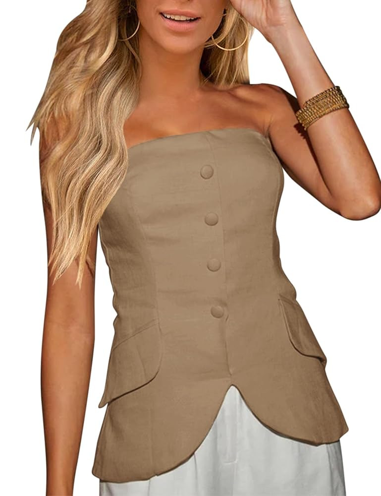 Fallorchid Women's Non functional Button Front Strapless Sleeveless Tops Vest Casual Split Hem Tu... | Amazon (US)