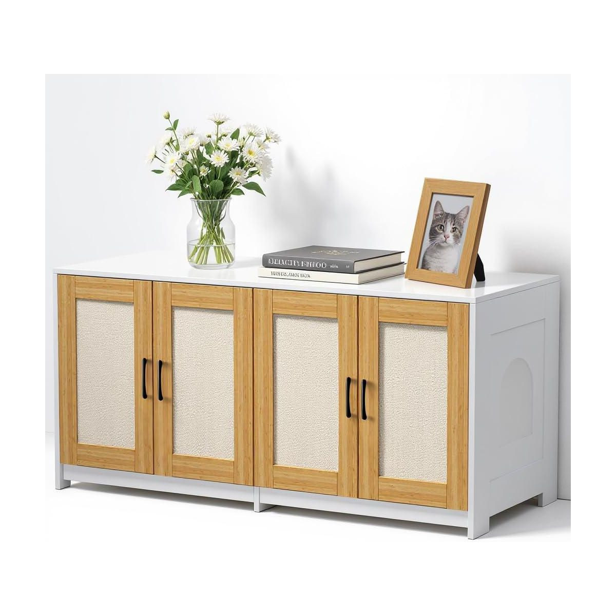 47 Inch White Dual Cat Litter Box Enclosure with Sisal Doors, Hidden Furniture Cabinet with Slidi... | Target
