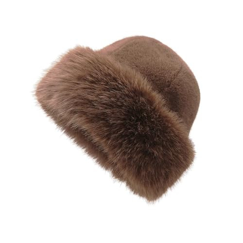 Lifenanny Faux Fur Hat for Women Cossack Russian Style Winter Hat Fuzzy Furry Ushanka Warm Fluffy Bucket Hat(Coffee) | Amazon (US)