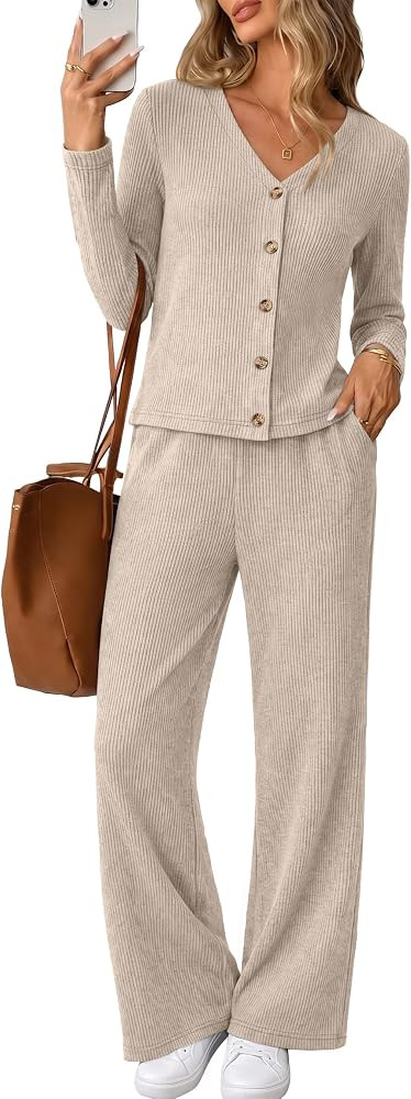 WIHOLL Women's 2 Piece Outfits Button-front Loungewear Sets Casual Fall | Amazon (US)
