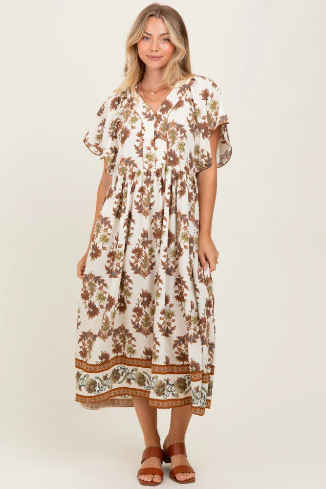 Mocha Floral V-Neck Button Detail Mid Dress | PinkBlush Maternity