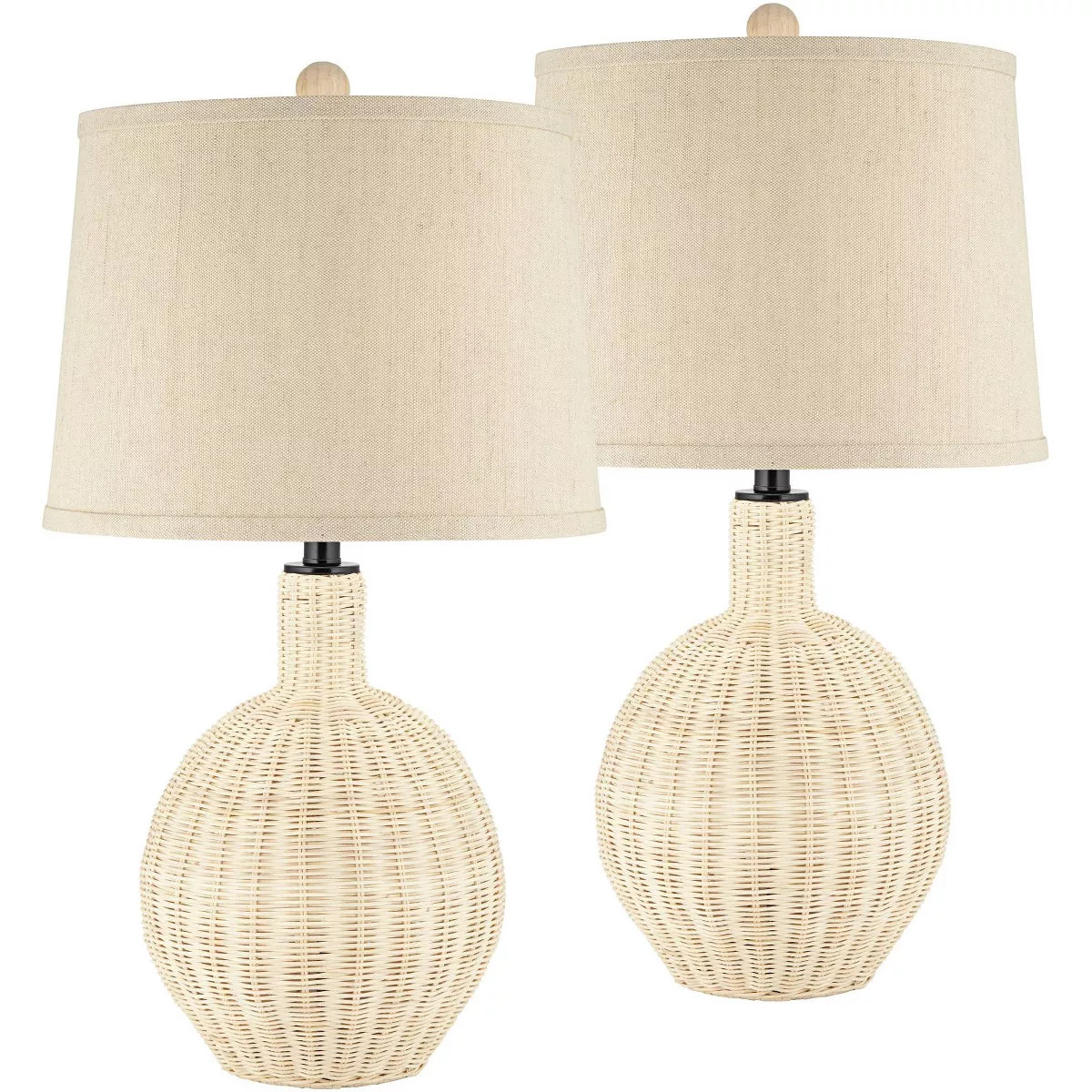 360 Lighting Modern Coastal Table Lamps 27" Tall Set of 2 Light Rattan Oatmeal Tapered Drum Shade... | Target