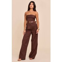 Chocolate Woven Bandeau Belted Wide Leg Jumpsuit | PrettyLittleThing US