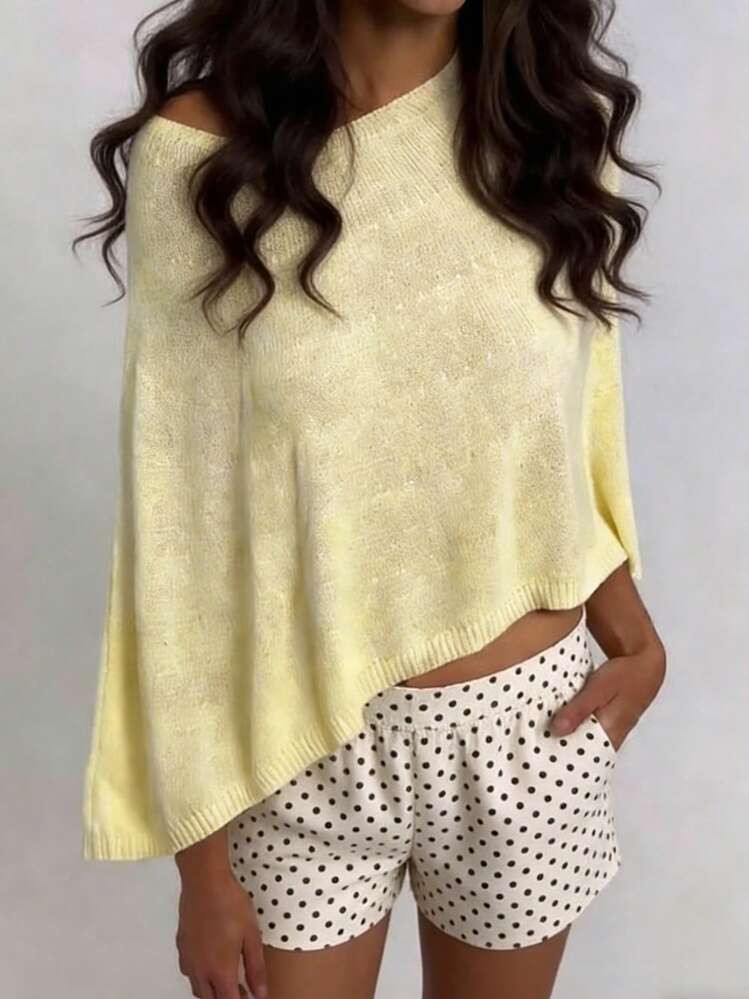 Yellow Sheer Knit Poncho Style Top | SHEIN