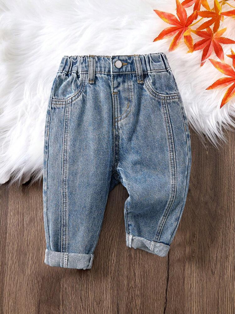 SHEIN Baby Boys' Casual Soft Cute Stylish Paneled Loose Fit Blue Denim Carrot Pants,Versatile And Suitable For Baby Boys Fall And Winter Clothes | SHEIN