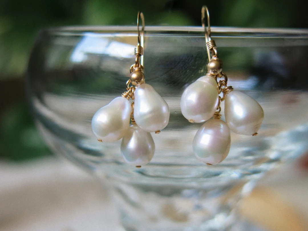 14k Gold Fill AAA White Teardrop Pearl Trio Dangle Earrings With Rainbow Luster, June Birthstone,... | Etsy (US)