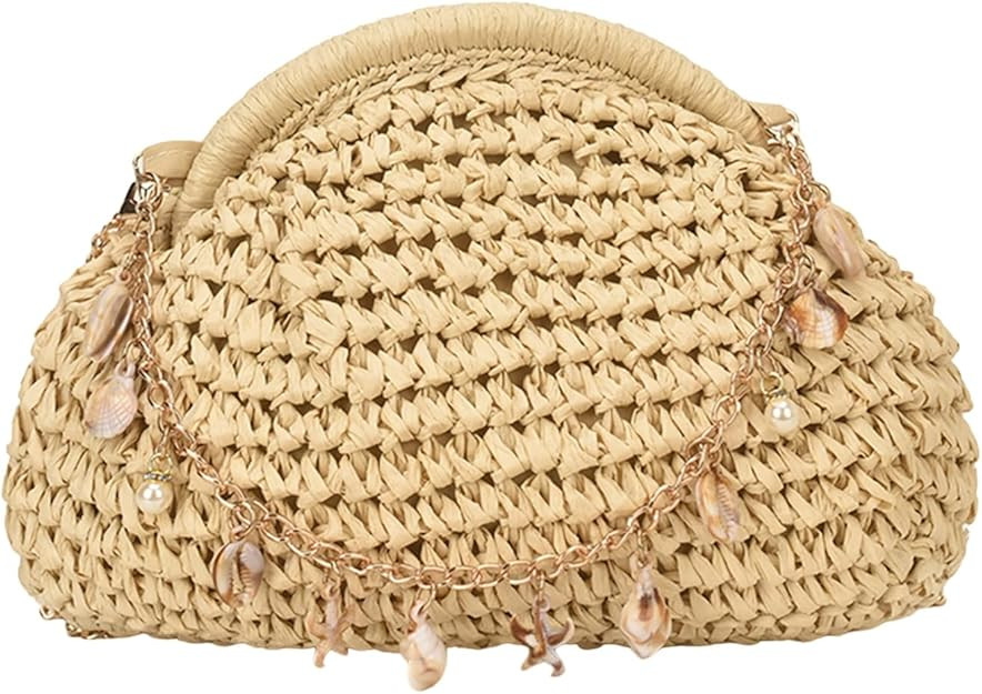 Retro Straw Woven Handbag with Seashell Chain Ocean-Themed Clutch Large Capacity Summer Beach Str... | Amazon (US)