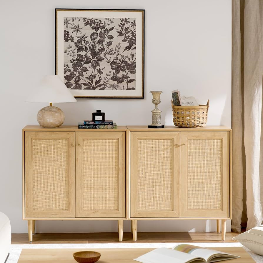 HMeeZnn Rattan Storage Cabinet Set of 2, Sideboard Buffet Cabinet with Wood Legs Accent Kitchen C... | Amazon (US)