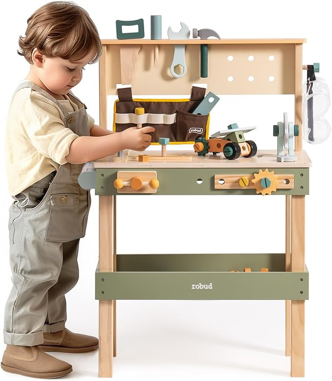 ROBUD Toddler Pretend Play Kids Workbench - Wooden Construction Toy with Tool Belt, Goggles, and ... | Amazon (US)