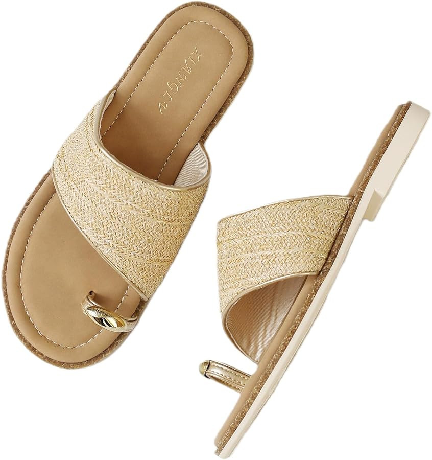Women's Raffia Slide Sandals Flat Slip On Flip Flop Sandals | Amazon (US)