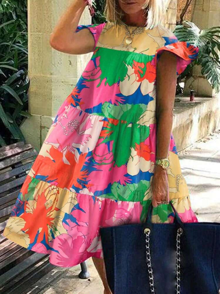 Breezaya Casual Summer Hawaii Style Vacation Yellow Floral Layered A-Line Cap Sleeve Cute Doll Dr... | SHEIN