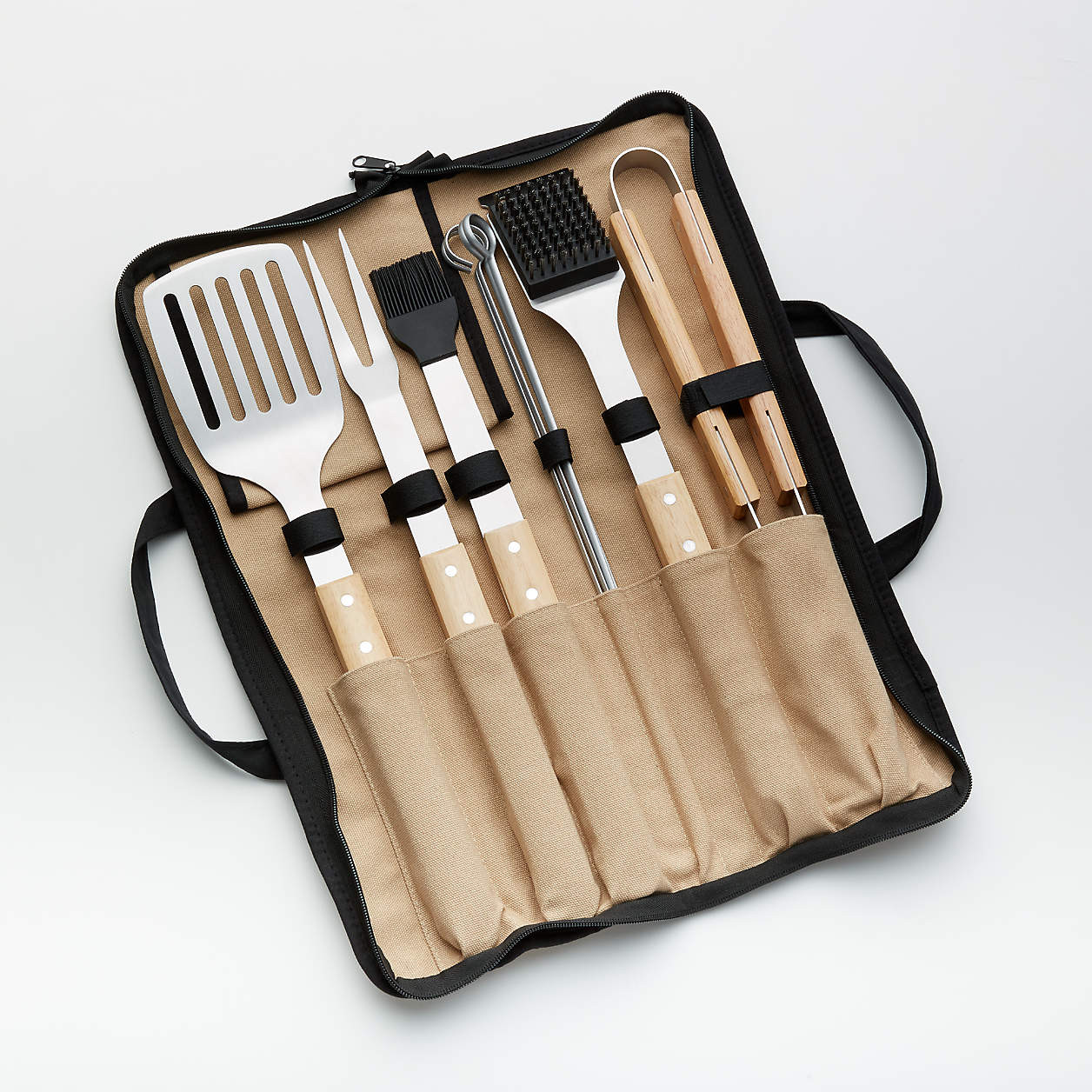 Wood-Handled 9-Piece Barbecue Tool Set + Reviews | Crate & Barrel | Crate & Barrel