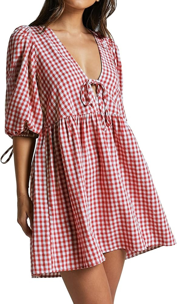 Women's Gingham Puff Sleeve Tie Front Babydoll Mini Dress | Amazon (US)