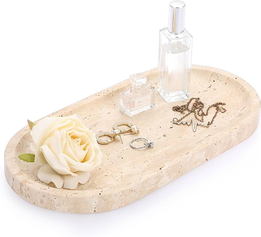 ELLDOO 12" Natural Beige Travertine Vanity Tray, Luxury Decorative Tray for Bathroom Dresser Nigh... | Amazon (US)