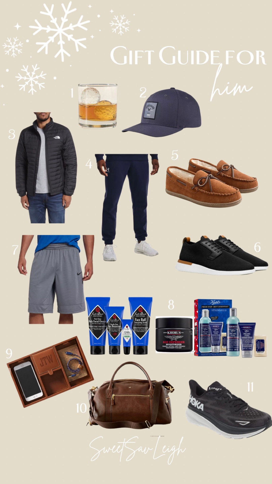 Gift guide for him! 
1. Golf ball whiskey chillers
2. Calaway golf hat
3. North Face winter coat
4. Under Armor joggers- I got these for Alex and he loves them! 
5. Men’s slippers
6. A nice pair of sneakers that are dressy!
7. Basketball shorts 
8. Skincare made specifically for men. Alex has used all of this and loves it!
9. Monogrammed catch all. I got this for Alex a few years ago and it holds up so well!
10. Monogrammed weekender bag
11. New pair of running shoes 


#LTKSeasonal #LTKmens #LTKGiftGuide