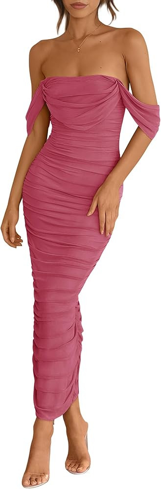 PRETTYGARDEN Womens 2026 Summer Off The Shoulder Dress Ruched Bodycon Sleeveless Split Cocktail P... | Amazon (US)