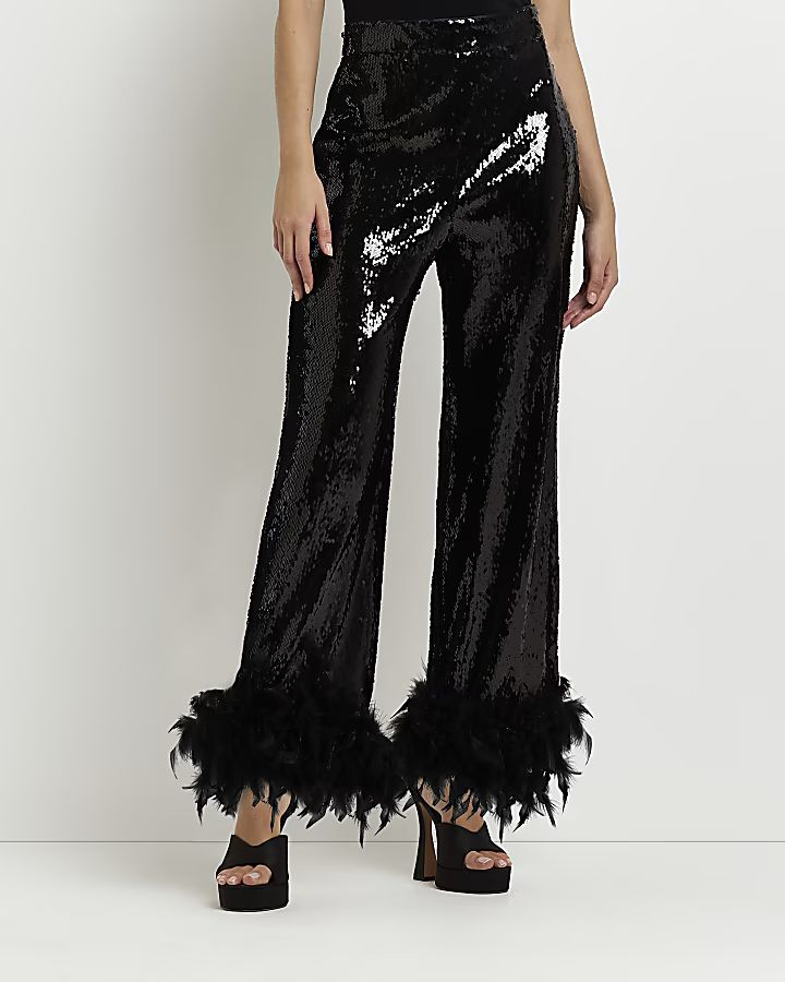 Black sequin feather hem straight trousers | River Island (UK & IE)