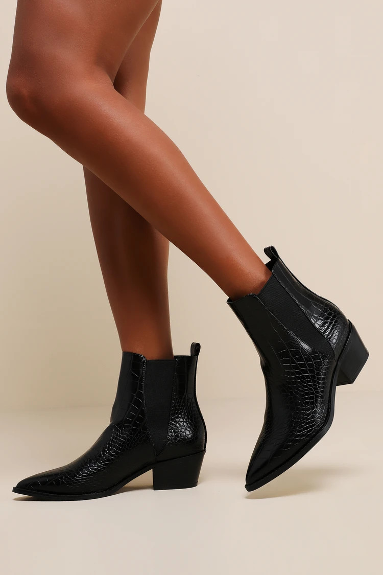 Conny Black Crocodile-Embossed Pointed-Toe Ankle Booties | Lulus