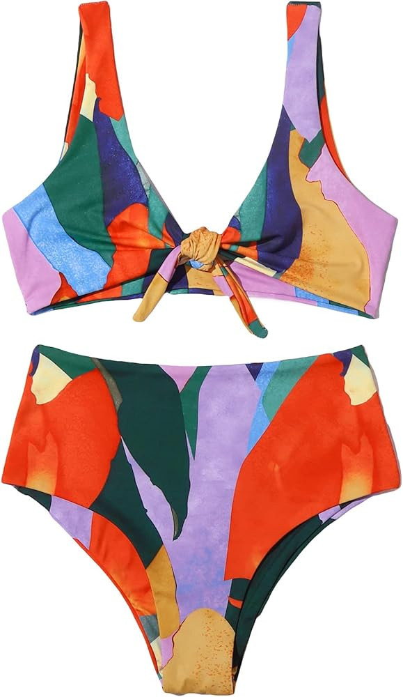 GORGLITTER Women's High Waisted Bikini Set Colorblock Graphic Swimsuit Tie Front Bathing Suit | Amazon (US)