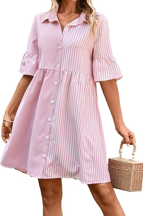 WDIRARA Women's Button Front Half Sleeve Ruffle Hem Striped Short Dress | Amazon (US)