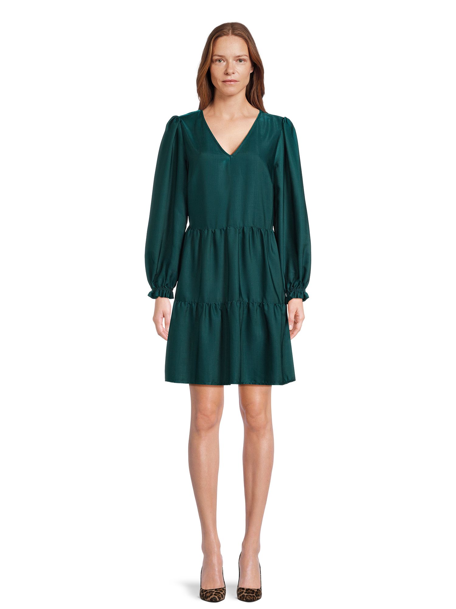 Time and Tru Women's Tiered V-Neck Satin Mini Dress, Sizes XS-XXXL | Walmart (US)