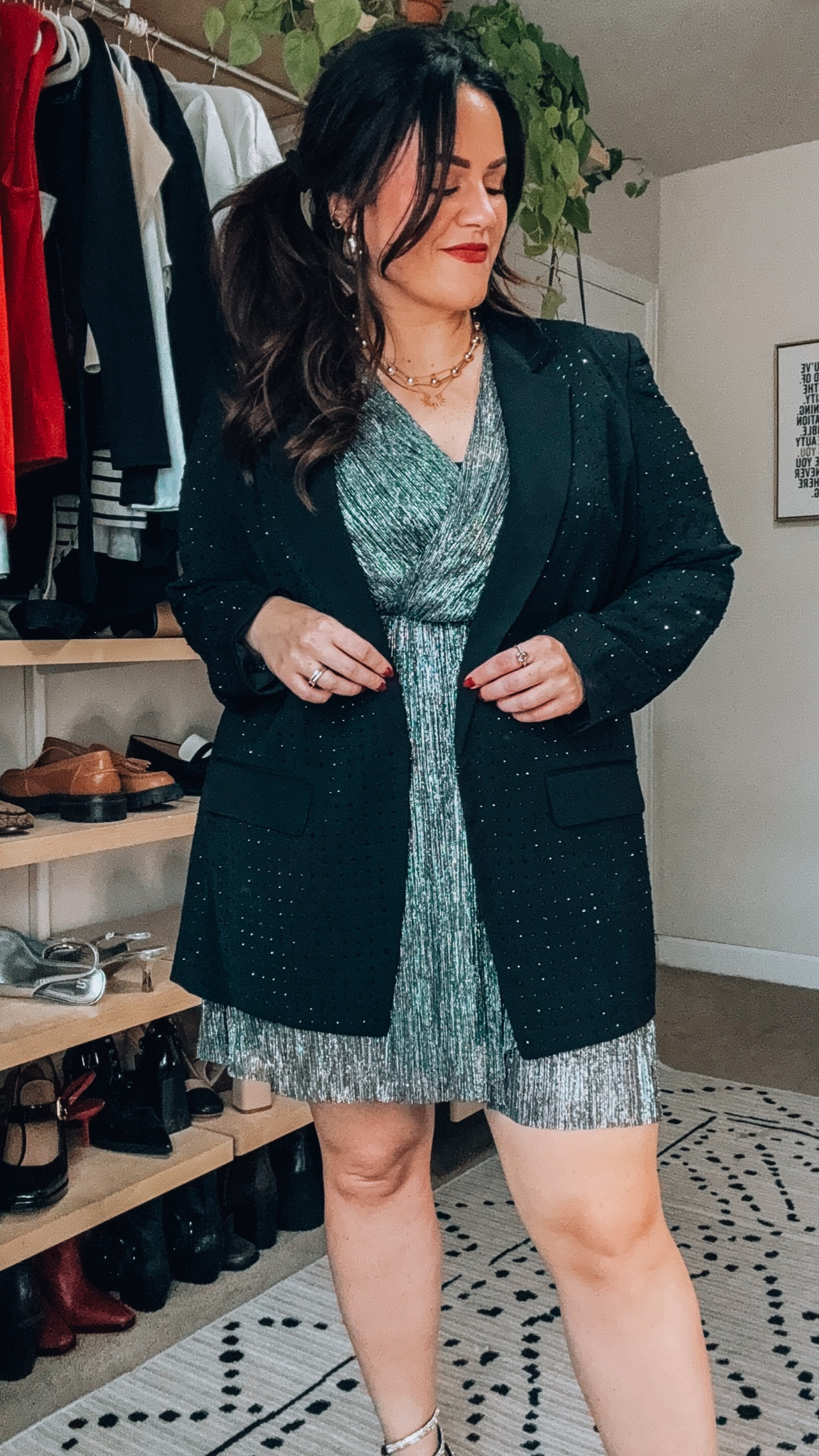 Midsize holiday party outfit express 50% off sale 
Wearing a large in this metallic long sleeve dress 
Xl in this rhinestone blazer 
Heels are tts 

#LTKHoliday #LTKmidsize #LTKCyberWeek