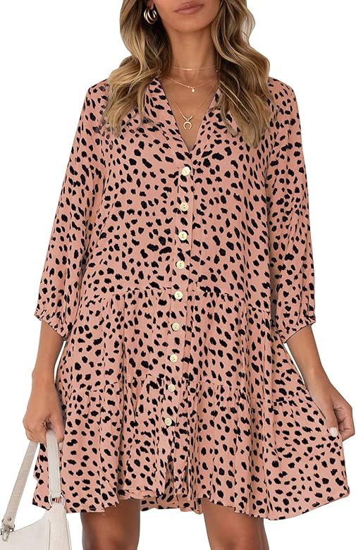 HOSIKA Women's Leopard Print 3/4 Sleeve V Neck Button Down Loose Swing Short T-Shirt Dress with P... | Amazon (US)