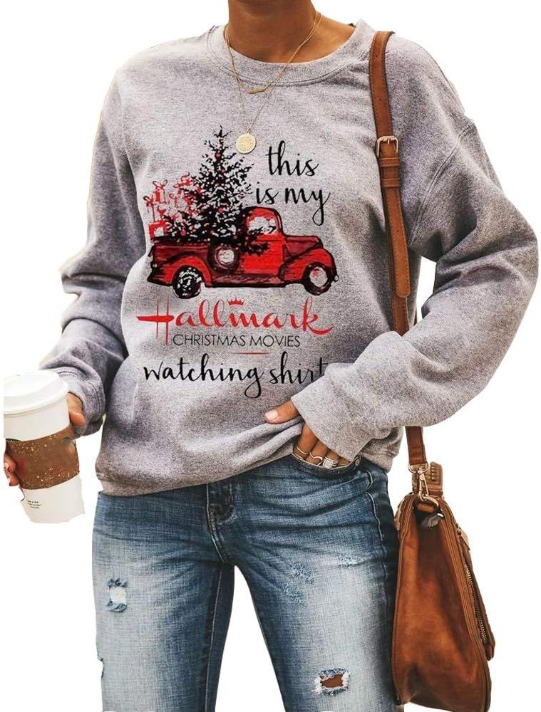 CTMY Women's Shirts Christmas Hallmark Letter Print Long Sleeve Loose Crewneck Sweatshirt Blouse ... | Amazon (US)