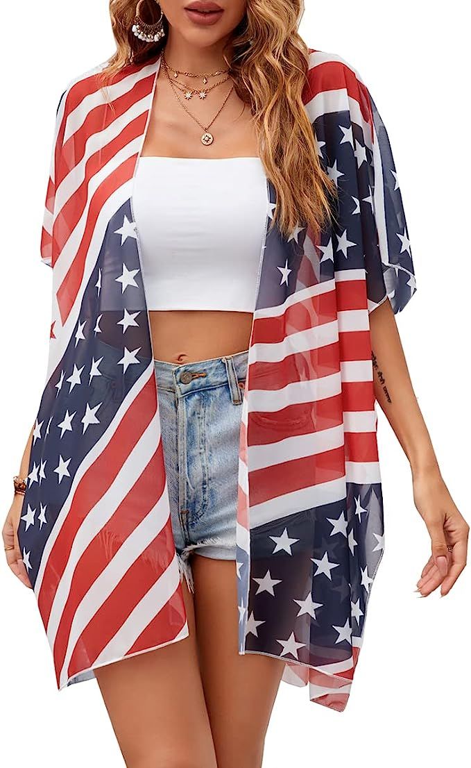 Barlver Womens 4th of July Cover Up American Flag Print Kimono Lightweight Cardigan S-XL | Amazon (US)