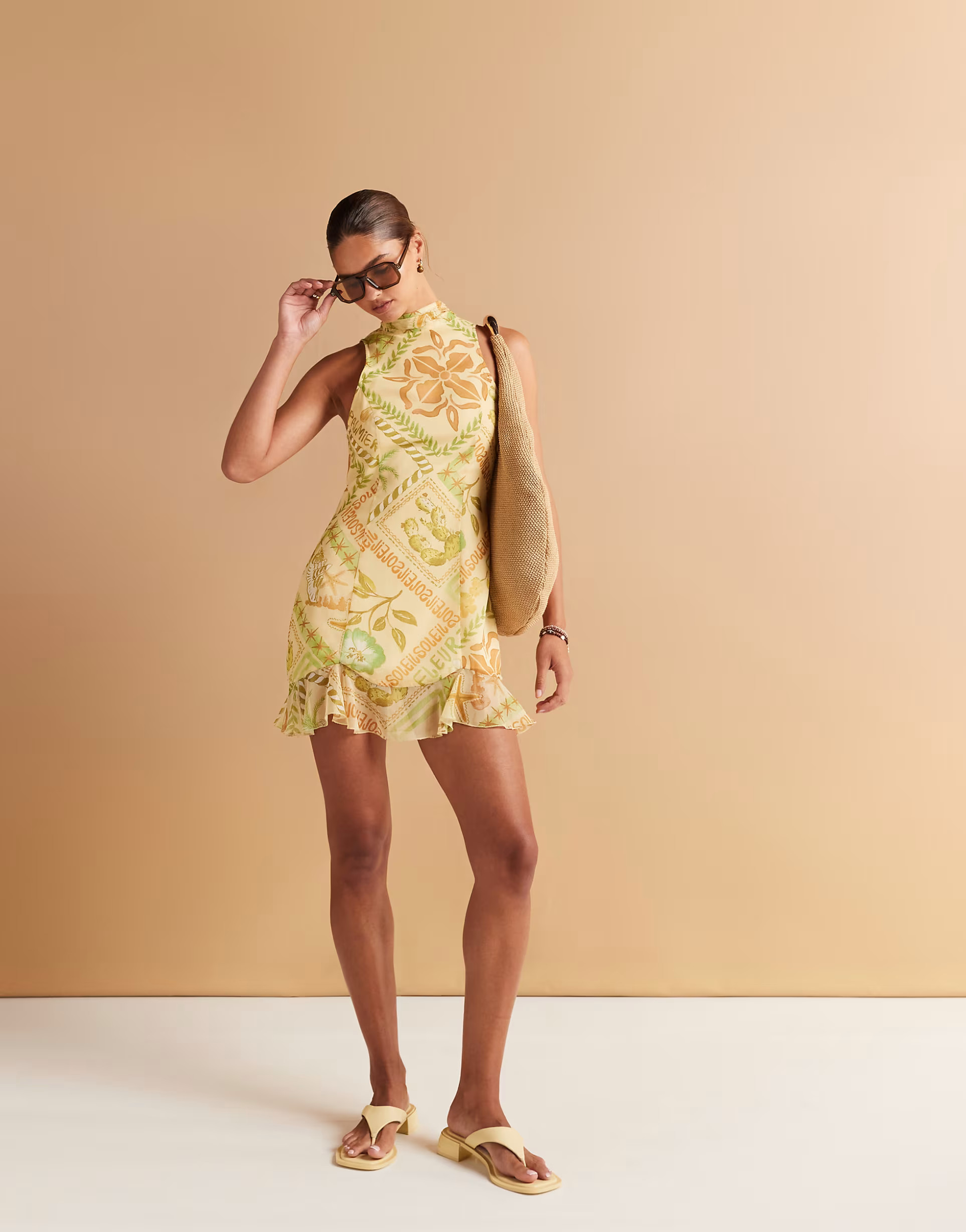 ASOS DESIGN high neck cowl back chiffon mini dress in tropical print | ASOS (Global)