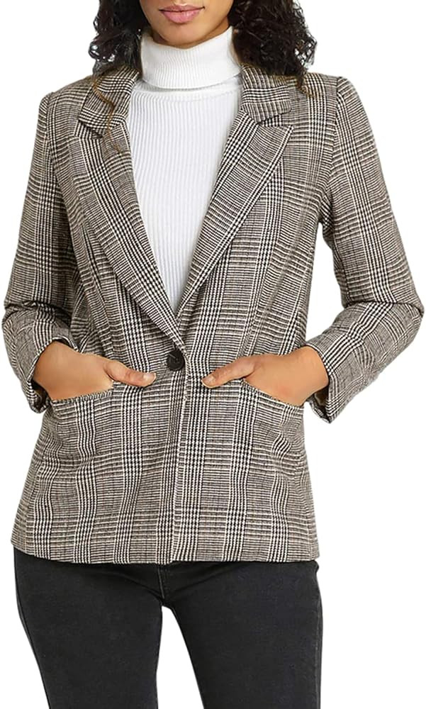 Allegra K Women's Plaid Notched Lapel One Button Houndstooth Blazer Jacket | Amazon (US)