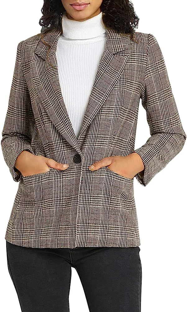 Allegra K Women's Plaid Notched Lapel One Button Houndstooth Blazer Jacket | Amazon (US)