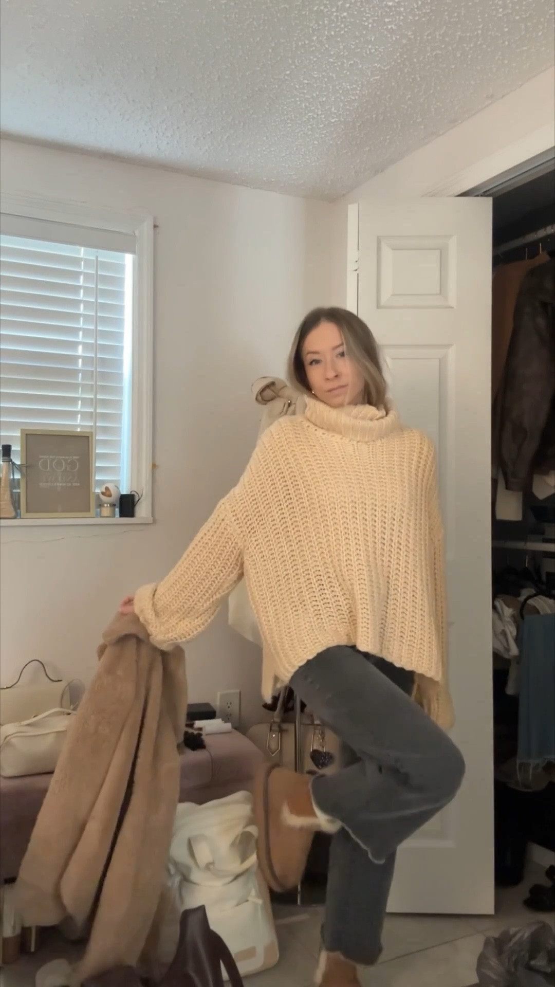 Casual winter outfit with an oversized knit sweater, black jeans, and fluffy jacket🫶🏻🧥🧸 

#LTKootd #LTKSeasonal