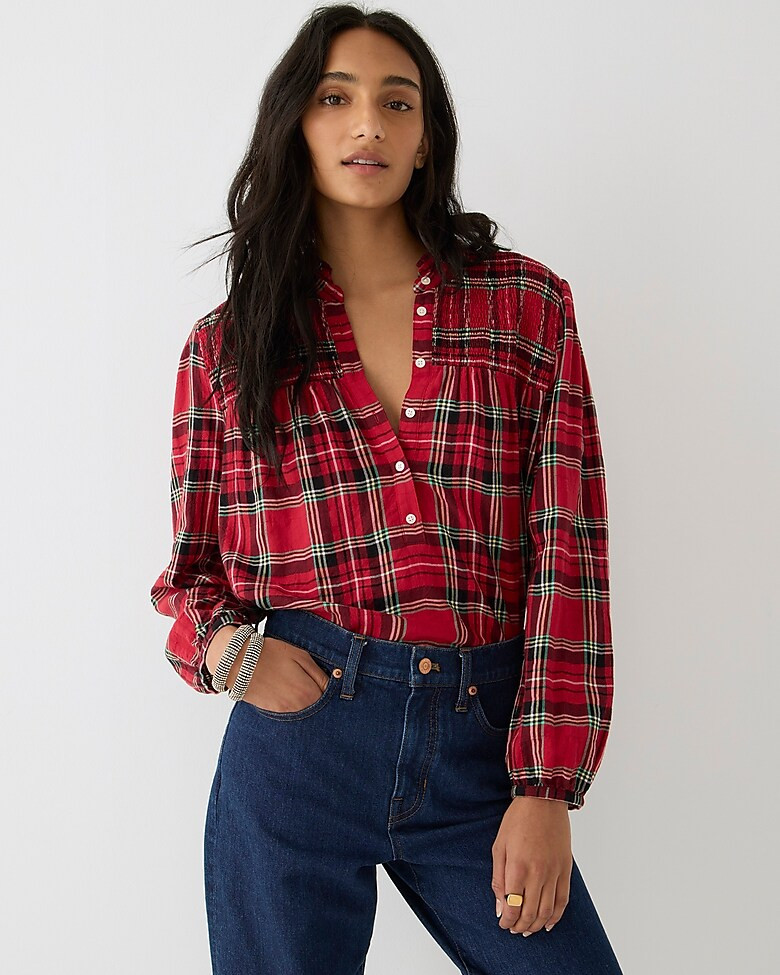 Ruffleneck cotton-blend flannel popover in Good Tidings plaid | J. Crew US