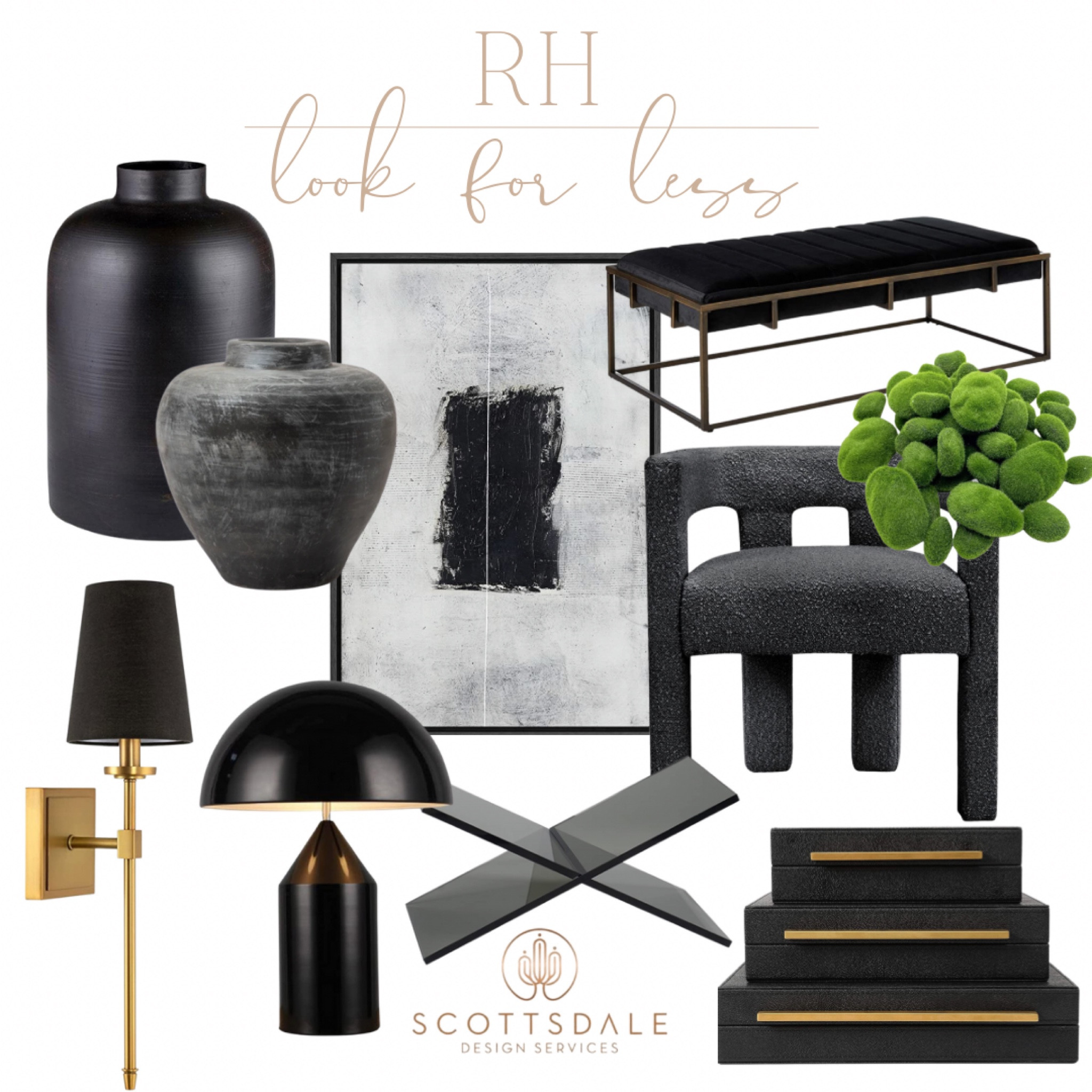 RH look for less curated finds🖤

Wall sconce, black and gold, decorative boxes, home decor, moss rocks, black and white art, black bench, black vase, decorative jar, mushroom lamp, book holder, rh, restoration hardware

#LTKhome #LTKstyletip #LTKFind
