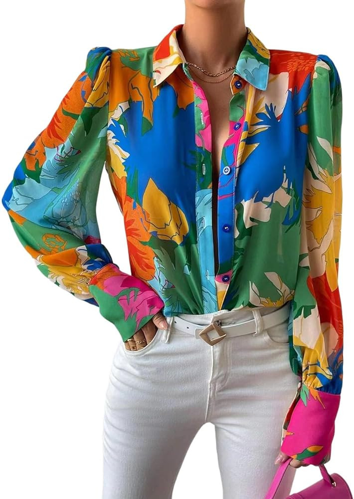 Shirts for Women Casual Colorful Long Sleeve Blouses & Button Down Tops Loose Collar Sexy T-Shirt... | Amazon (US)