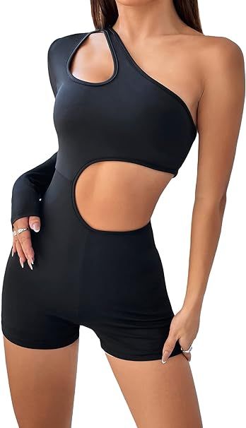 Verdusa Women's Cut Out One Shoulder Long Sleeve Unitard Romper Short Jumpsuit | Amazon (US)