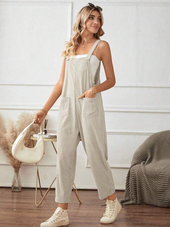 SHEIN LUNE Solid Pocket Patched Overall Jumpsuit Without Cami Top | SHEIN