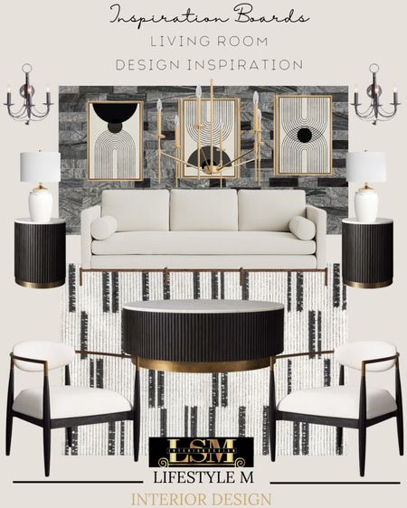 Living Room Design inspiration. Living room rug, round coffee table, accent chairs, white sofa, round end tables, table lamps, wall sconce lights, wall art, pendant light, stone accent wall panels. 

#LTKhome #LTKstyletip #LTKSeasonal