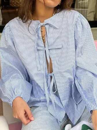 SHEIN VCAY Casual  Bow Tie Woven Lantern Sleeve Striped Loose Fit Women's Shirt Summer Casual Puf... | SHEIN