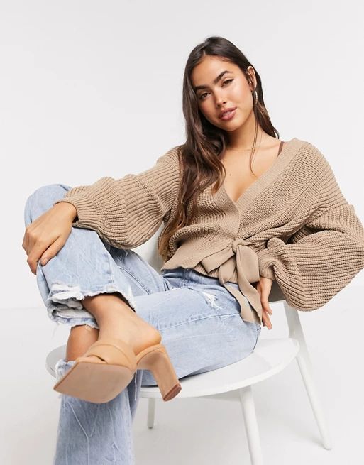 ASOS DESIGN wrap cardigan with tie front in taupe | ASOS (Global)