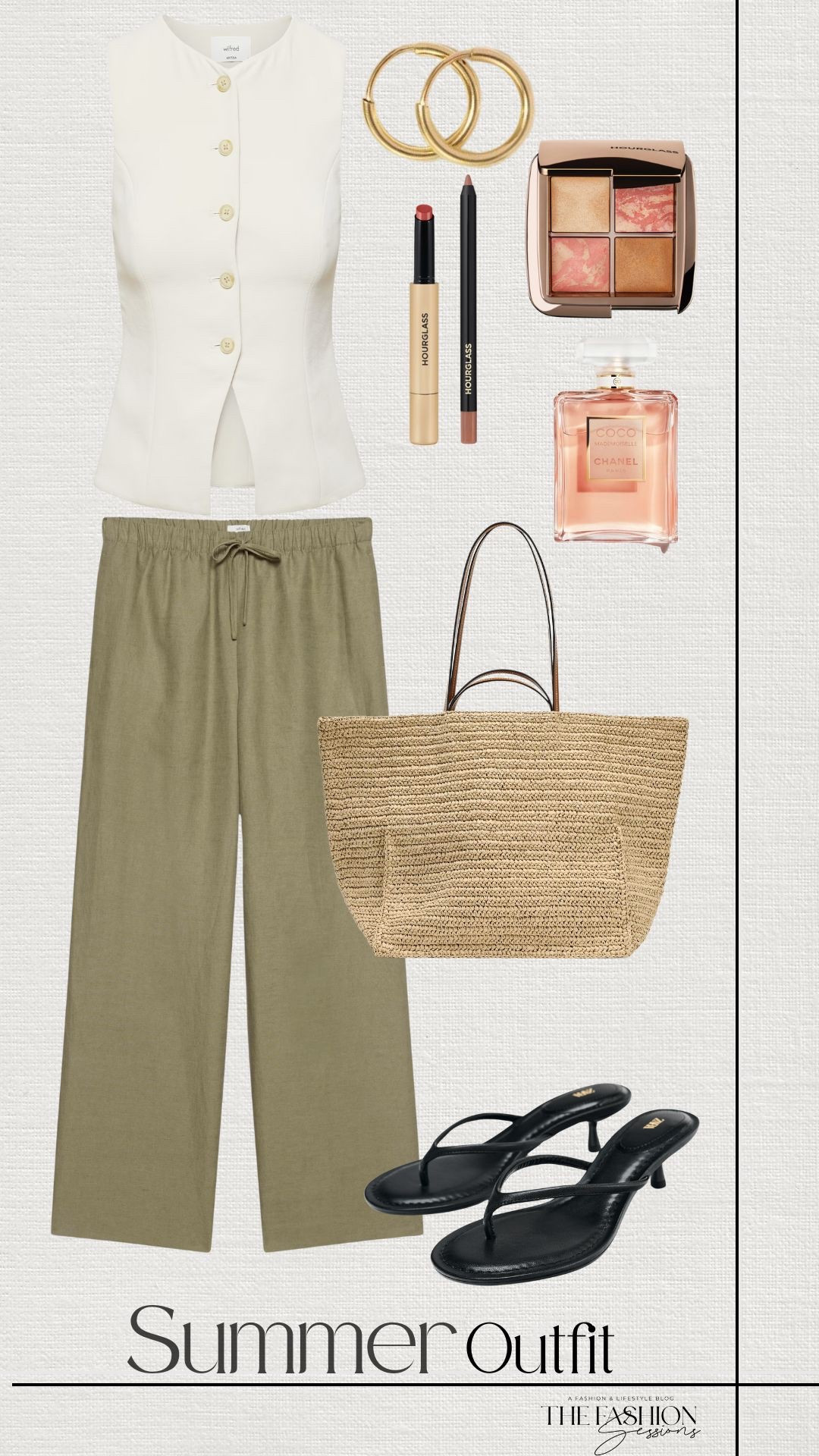 Summer Outfit | Linen Vest | Linen Pants | Woven Bag | Sandal Kitten Heels | Hourglass Makeup | Coco Chanel | 

#LTKStyleTip #LTKShoeCrush #LTKSeasonal