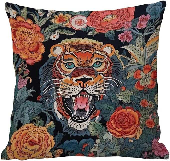 Tibetan Tiger Pillow Case Pink Green and Turquoise Black Colorful Stripe Throw Cover Antique Chin... | Amazon (US)